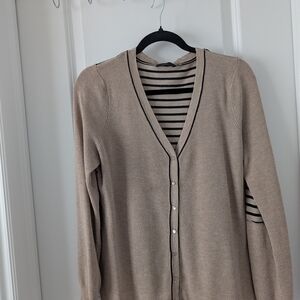 Tan Cardigan with Striped Inner Layer